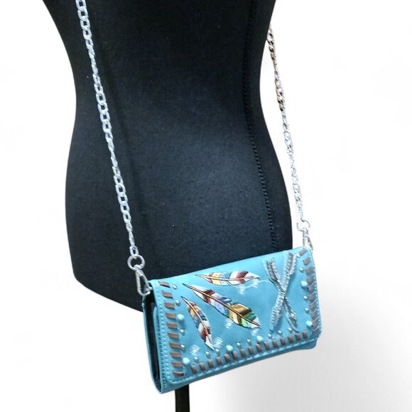 Turquoise Faux Leather Feather Arrow Convertible Wallet Clutch Crossbody - Picture 15 of 16